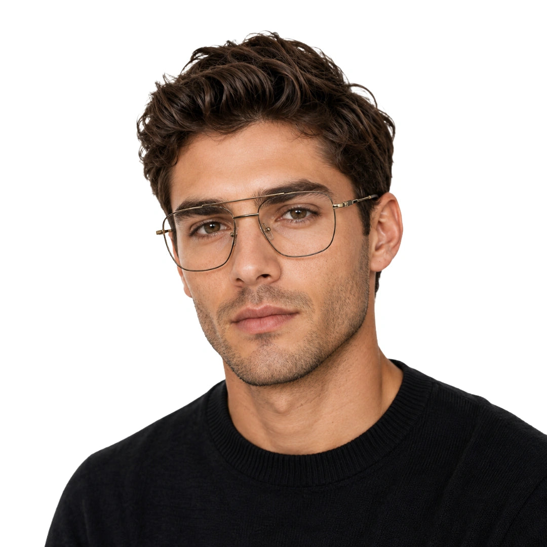 Man wearing OS Fashion Style 22008 modern double bridge optical frame in brown and gold