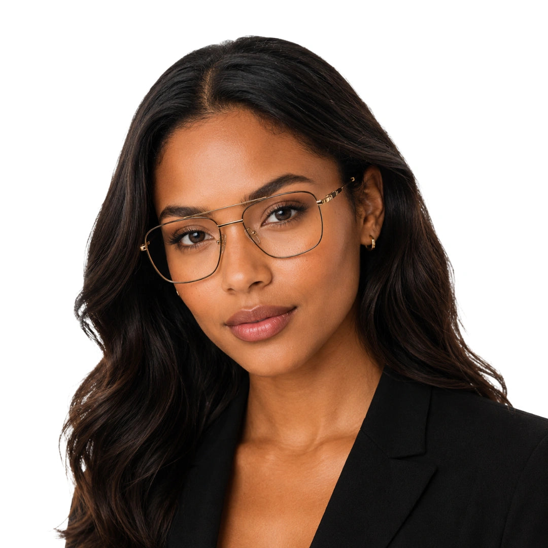 Woman wearing OS Fashion Style 22008 modern double bridge optical frame in brown and gold, front view