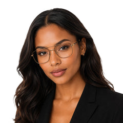 Woman wearing OS Fashion Style 22008 modern double bridge optical frame in brown and gold, front view