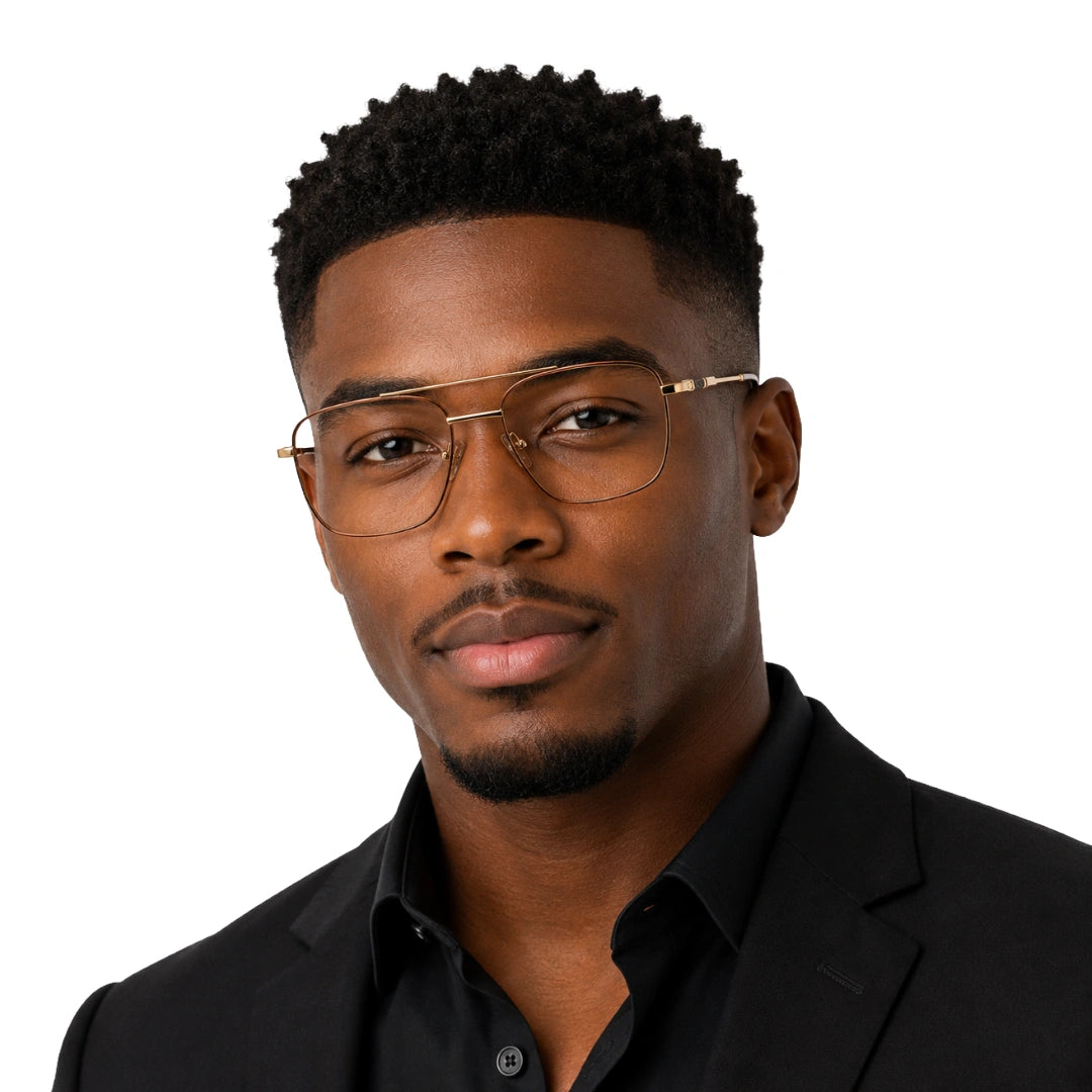 Man wearing OS Fashion Style 22008 modern double bridge optical frame in brown and gold, front view