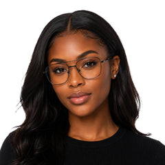 Woman wearing OS Fashion Style 22008 modern double bridge optical frame in gunmetal