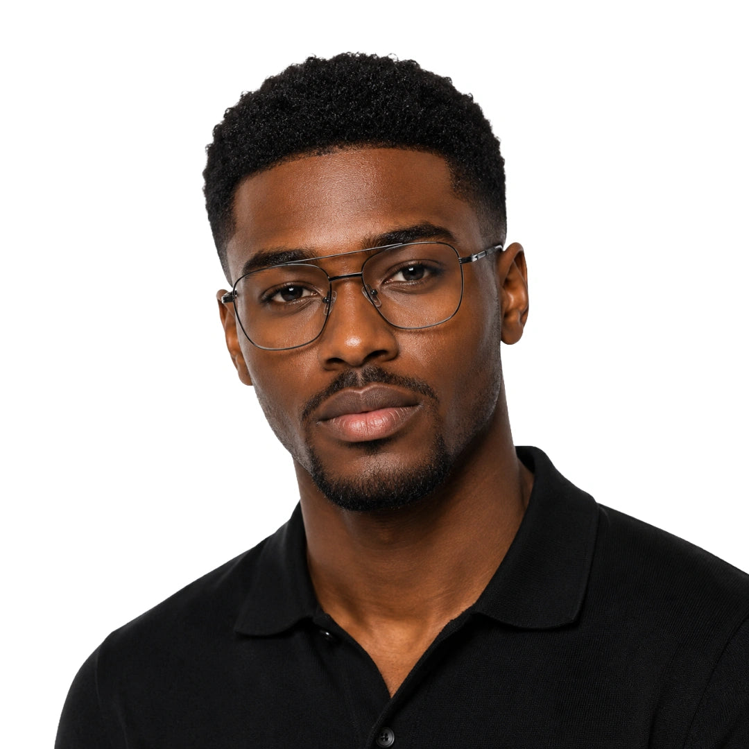 Man wearing OS Fashion Style 22008 modern double bridge optical frame in gunmetal