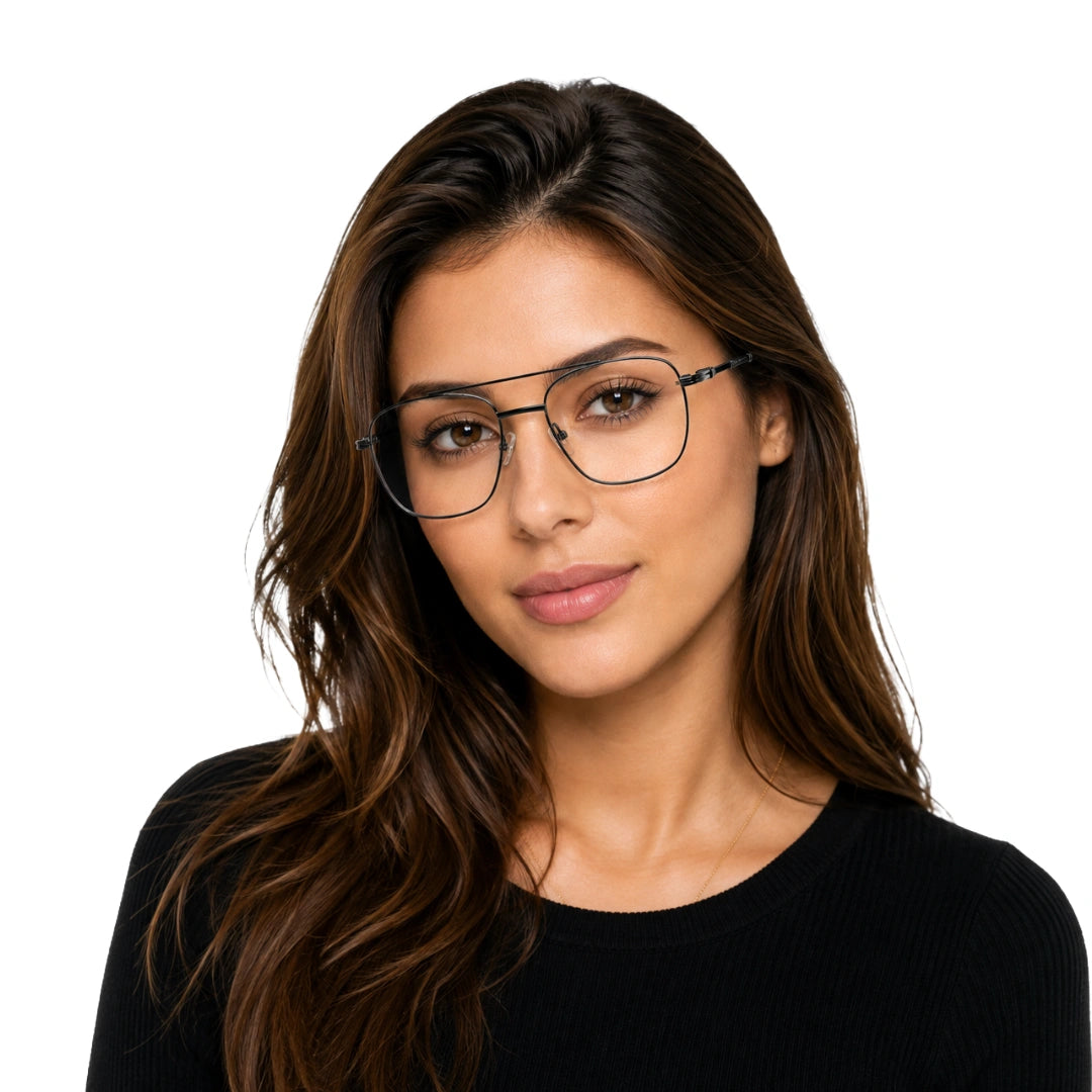 Woman wearing OS Fashion Style 22008 modern double bridge optical frame in gunmetal, front view