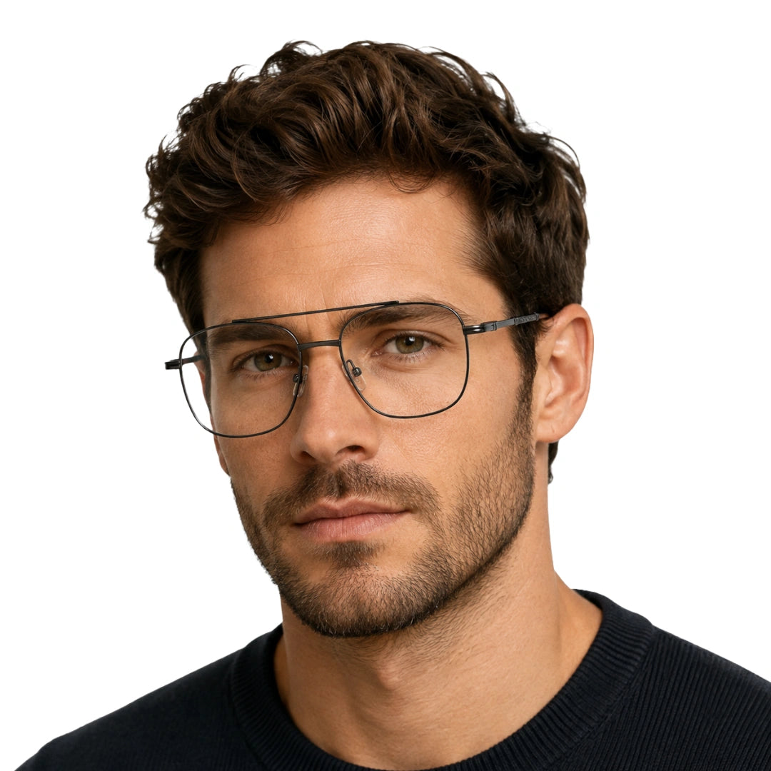 Man wearing OS Fashion Style 22008 modern double bridge optical frame in gunmetal, front view