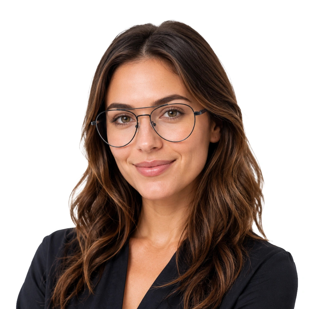 Woman wearing OS Fashion Style 22009 classic aviator double bridge prescription eyeglasses in gunmetal