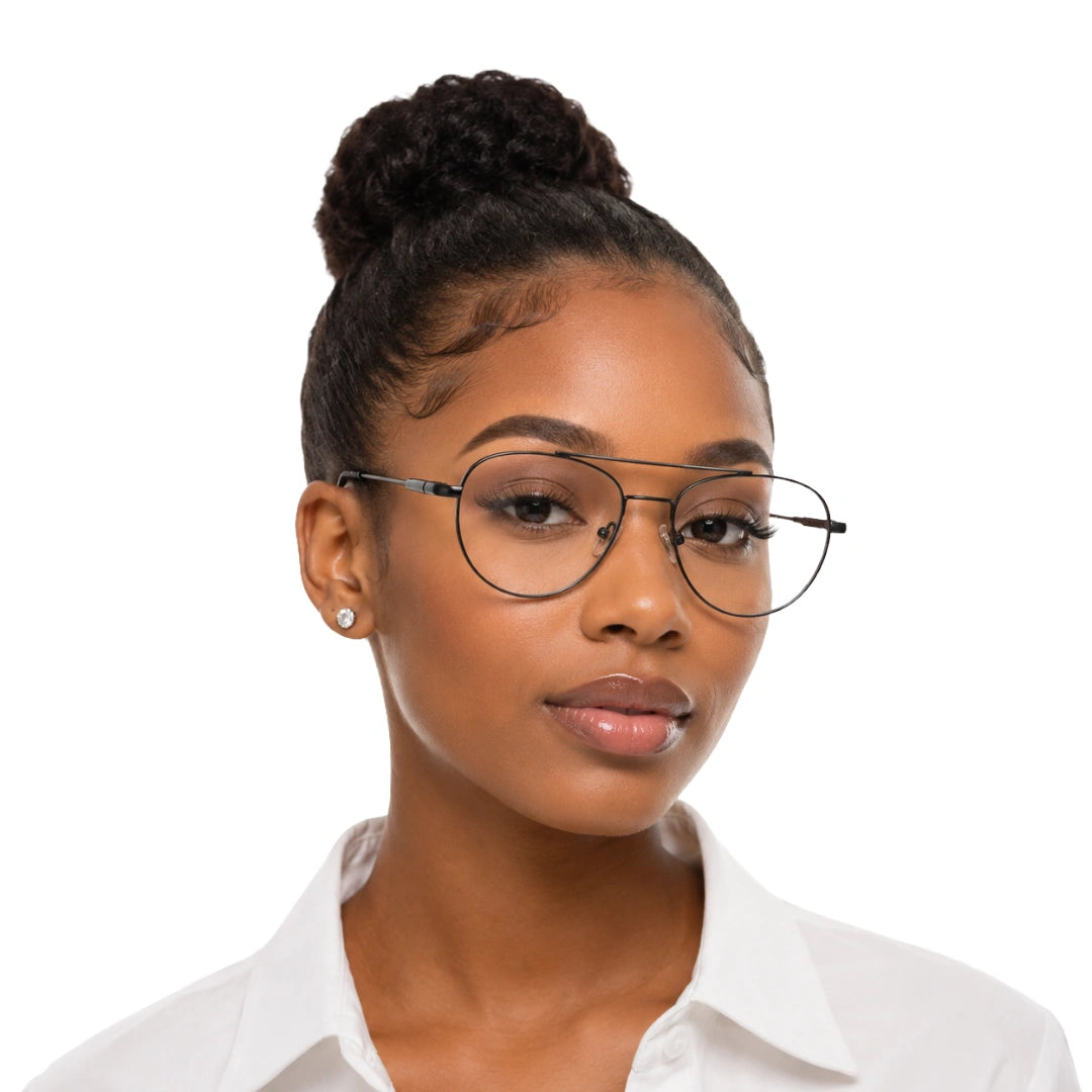 Woman wearing OS Fashion Style 22009 classic aviator double bridge prescription eyeglasses in gunmetal, front view
