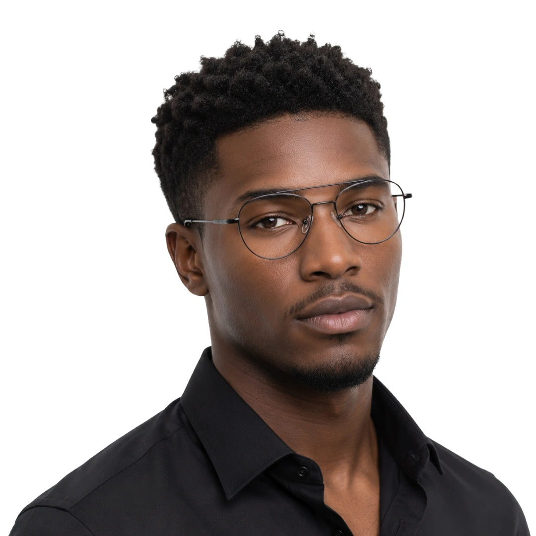 Man wearing OS Fashion Style 22009 classic aviator double bridge prescription eyeglasses in gunmetal, front view