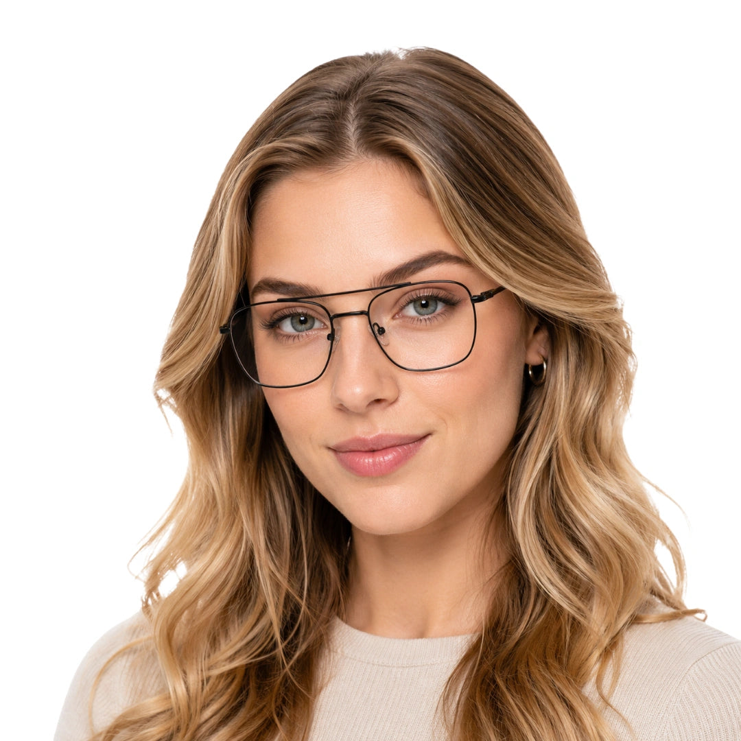 Woman wearing OS Fashion Style 22010 lightweight metal prescription eyeglasses in black