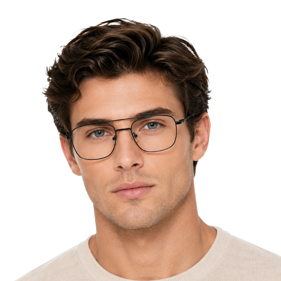 Man wearing OS Fashion Style 22010 lightweight metal prescription eyeglasses in black