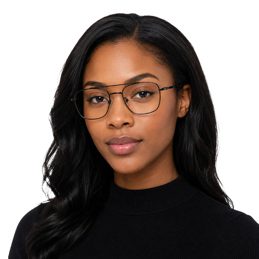 Woman wearing OS Fashion Style 22010 lightweight metal prescription eyeglasses in black, front view