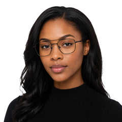 Woman wearing OS Fashion Style 22010 lightweight metal prescription eyeglasses in black, front view