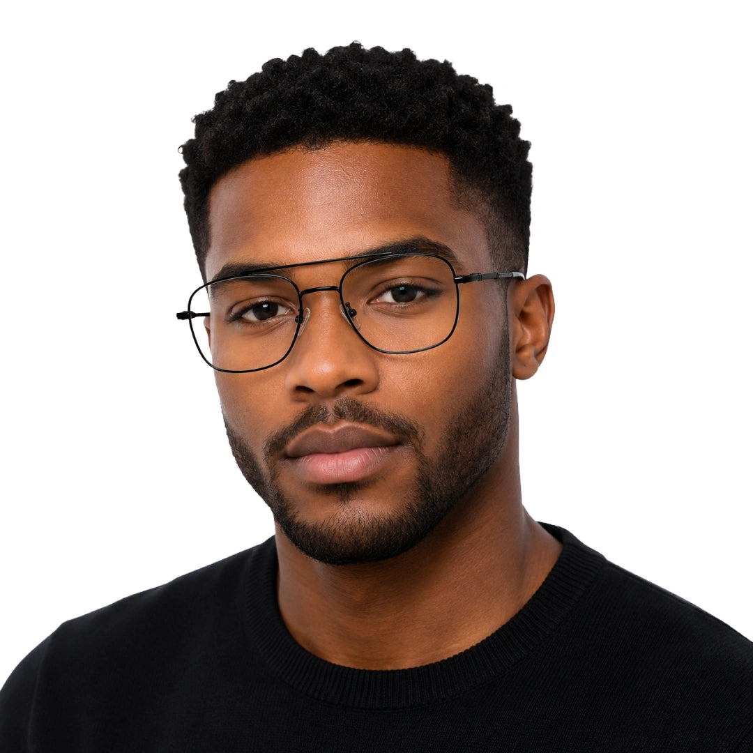 Man wearing OS Fashion Style 22010 lightweight metal prescription eyeglasses in black, front view