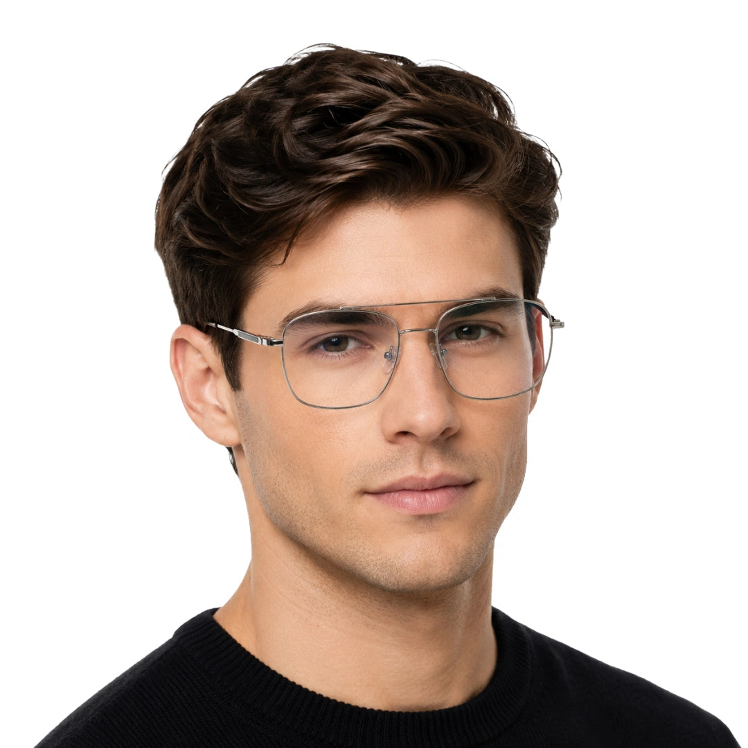 Man wearing OS Fashion Style 22010 lightweight metal prescription eyeglasses in black and silver