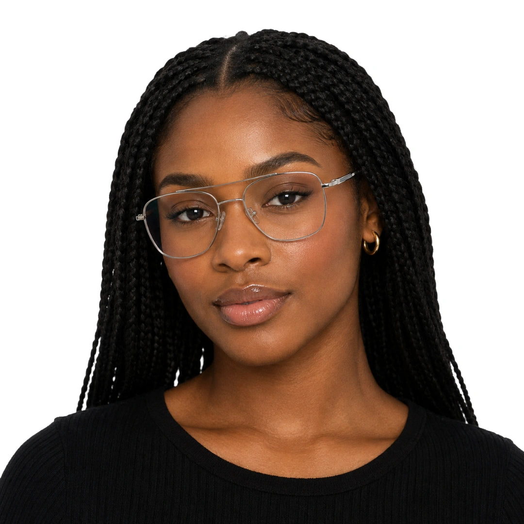 Woman wearing OS Fashion Style 22010 lightweight metal prescription eyeglasses in black and silver, front view