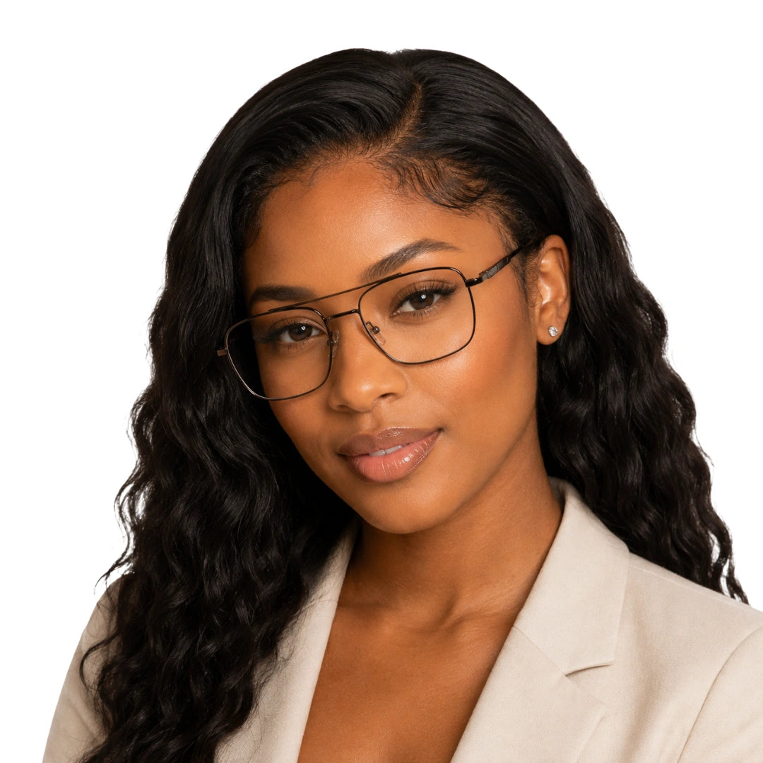 Woman wearing OS Fashion Style 22010 lightweight metal prescription eyeglasses in brown