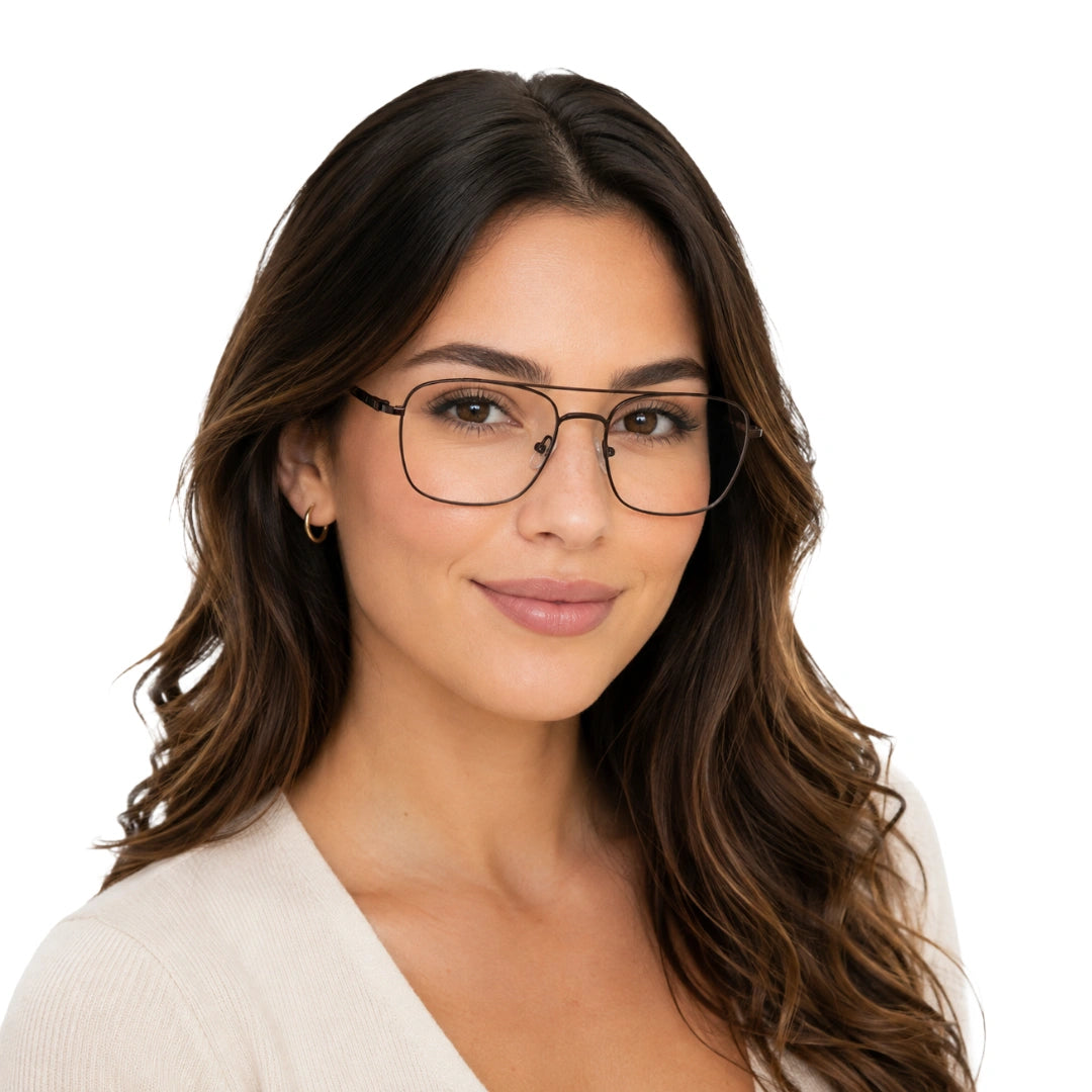 Woman wearing OS Fashion Style 22010 lightweight metal prescription eyeglasses in brown, front view