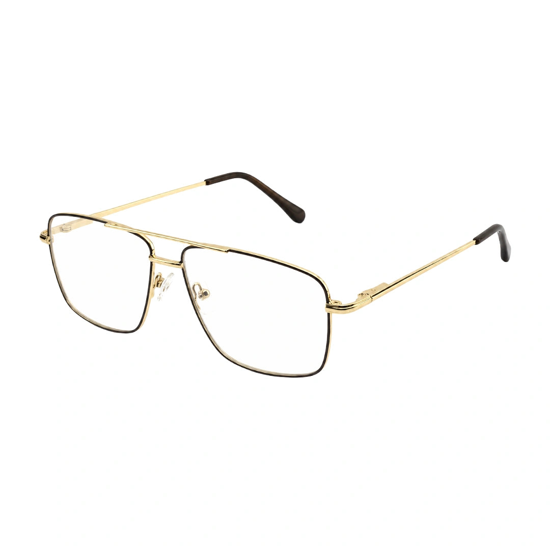 OS Fashion Style 22011 structured square double bridge eyeglasses in brown and gold, three-quarter angled view