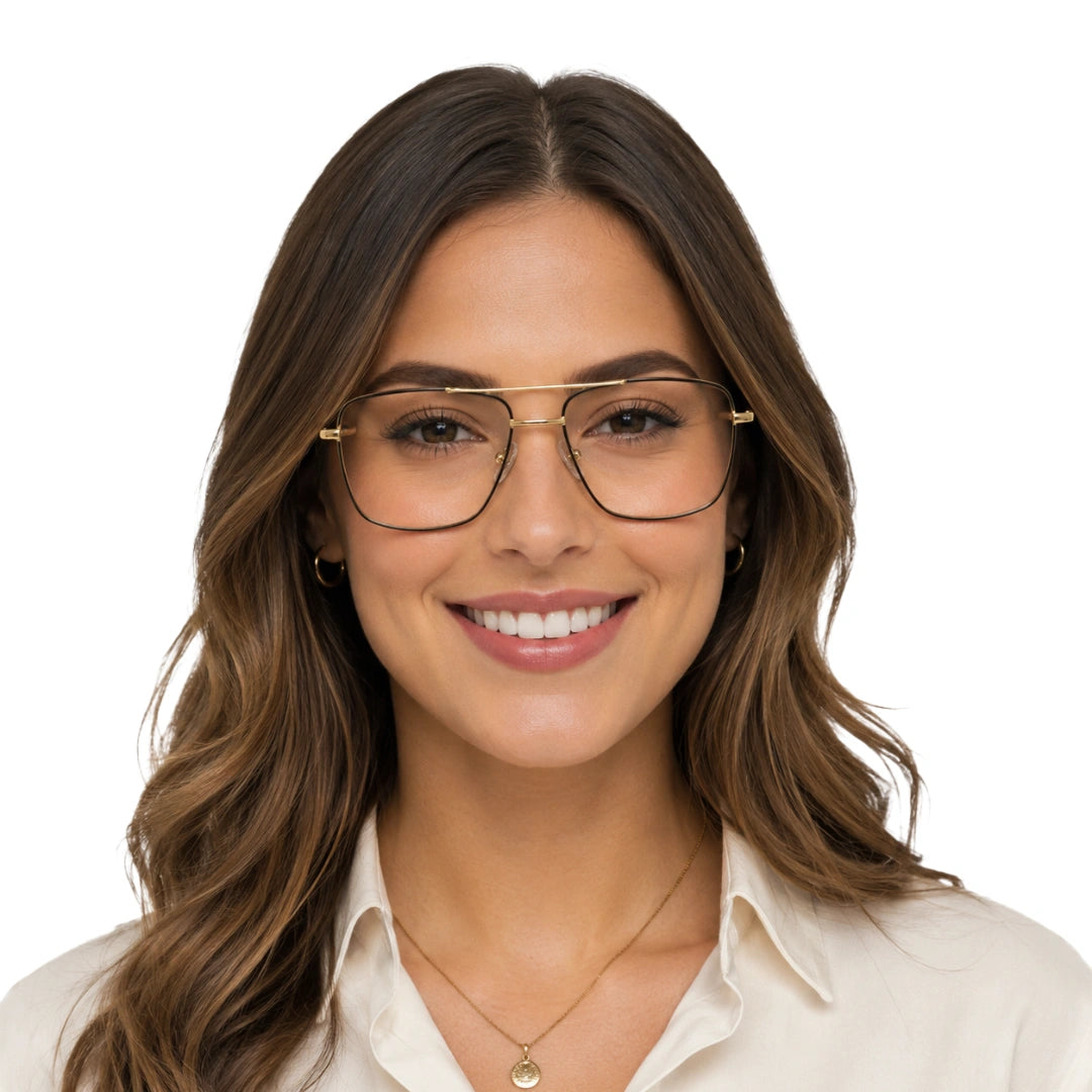 Woman wearing OS Fashion Style 22011 structured square double bridge eyeglasses in brown and gold
