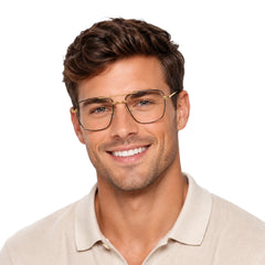 Man wearing OS Fashion Style 22011 structured square double bridge eyeglasses in brown and gold