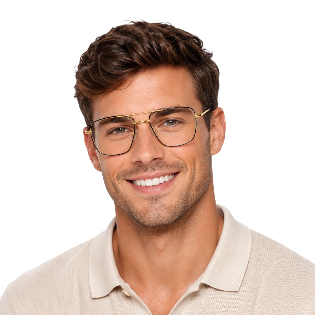 Man wearing OS Fashion Style 22011 structured square double bridge eyeglasses in brown and gold