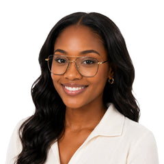 Woman wearing OS Fashion Style 22011 structured square double bridge eyeglasses in brown and gold, front view