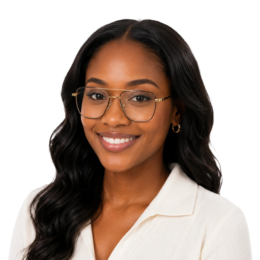 Woman wearing OS Fashion Style 22011 structured square double bridge eyeglasses in brown and gold, front view
