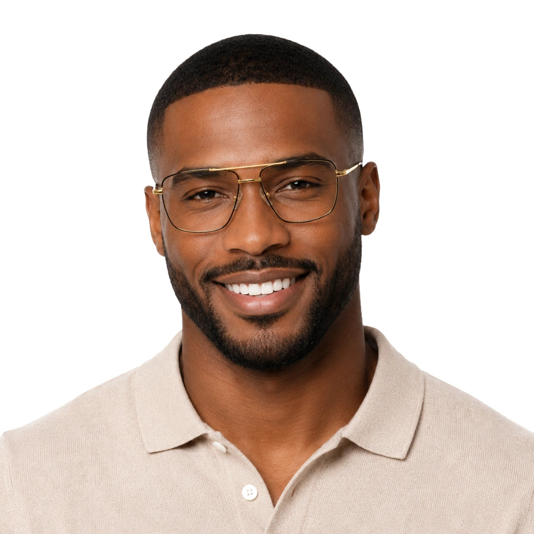 Man wearing OS Fashion Style 22011 structured square double bridge eyeglasses in brown and gold, front view