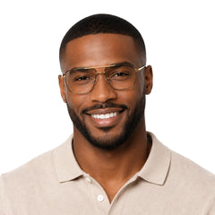 Man wearing OS Fashion Style 22011 structured square double bridge eyeglasses in brown and gold, front view