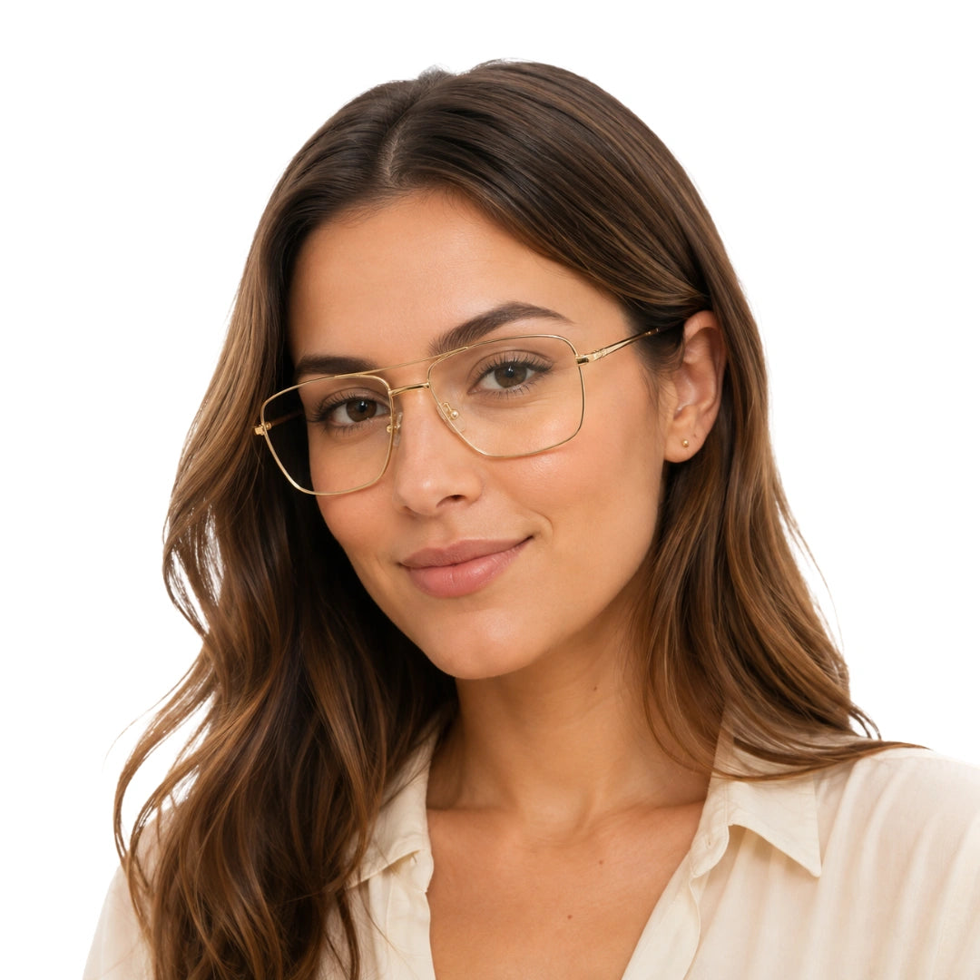Woman wearing OS Fashion Style 22011 structured square double bridge eyeglasses in gold