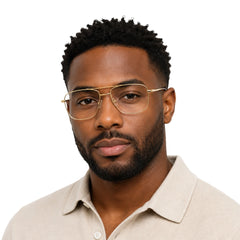 Man wearing OS Fashion Style 22011 structured square double bridge eyeglasses in gold, front view