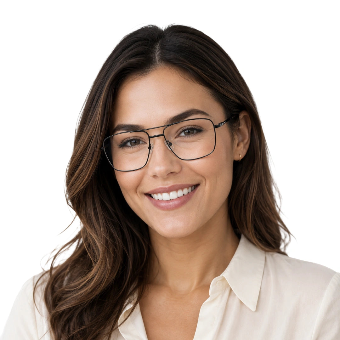 Woman wearing OS Fashion Style 22011 structured square double bridge eyeglasses in gunmetal
