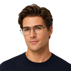 Man wearing OS Fashion Style 22011 structured square double bridge eyeglasses in gunmetal