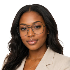Woman wearing OS Fashion Style 22011 structured square double bridge eyeglasses in gunmetal, front view
