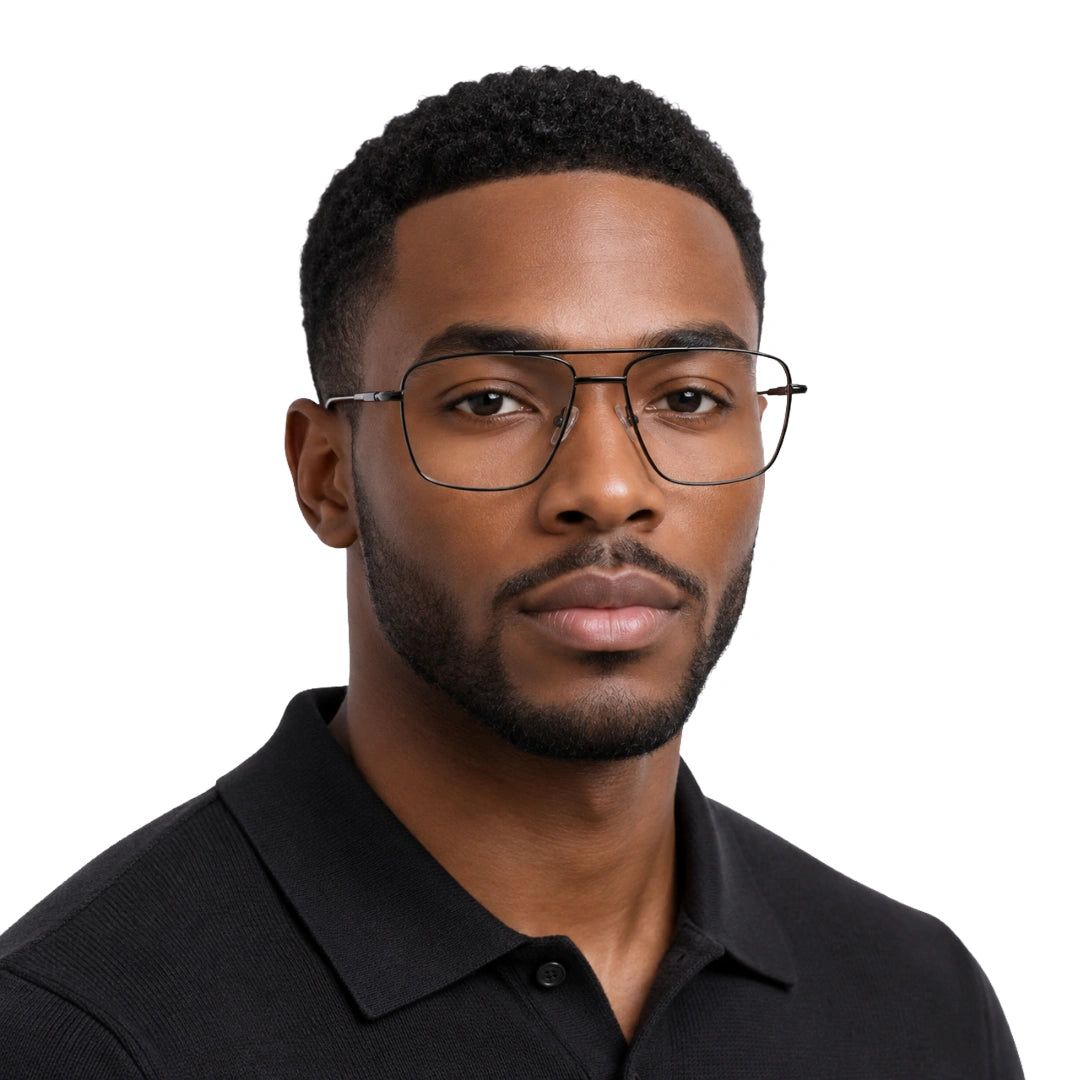 Man wearing OS Fashion Style 22011 structured square double bridge eyeglasses in gunmetal, front view