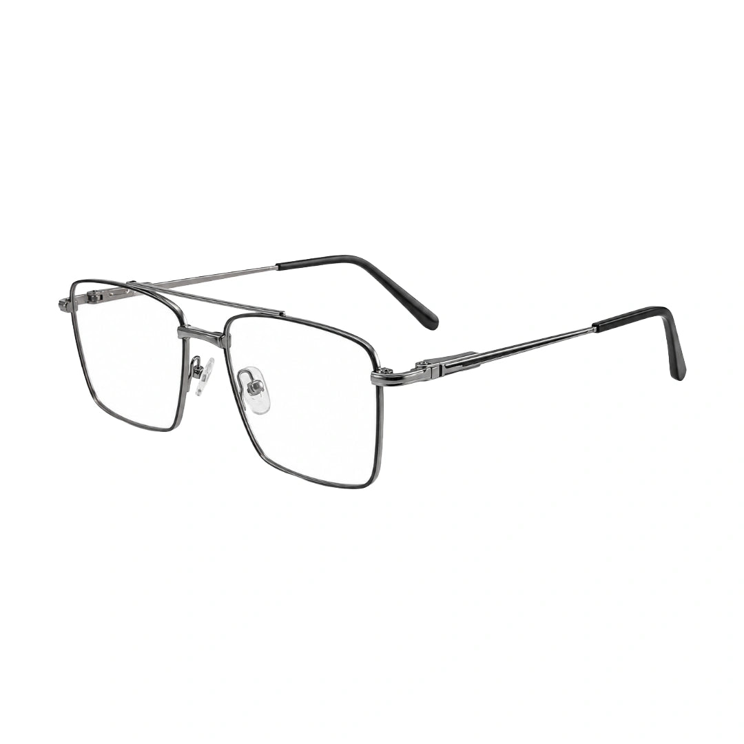 OS Fashion Style 22014 rectangular double bridge metal prescription eyeglasses in black and silver, three-quarter angled view