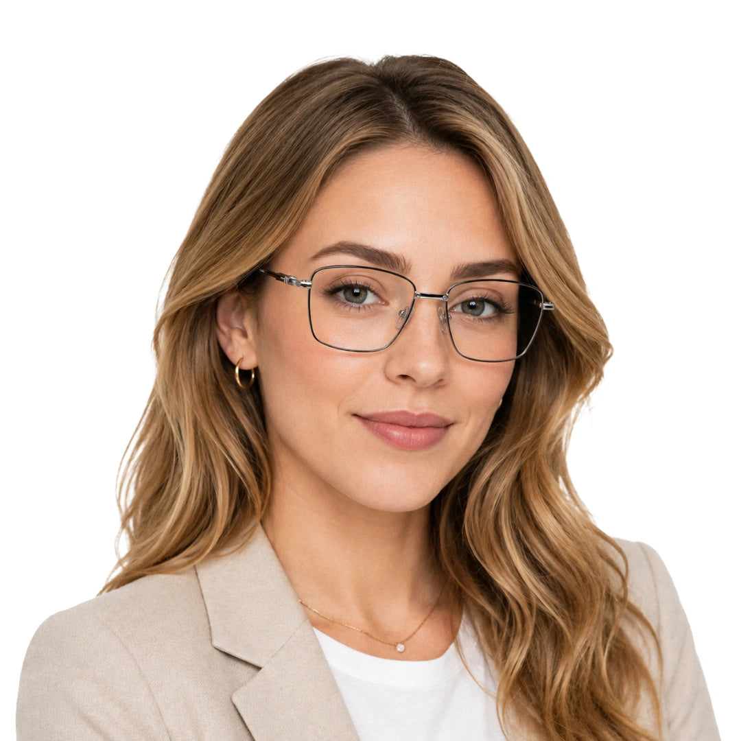 Woman wearing OS Fashion Style 22014 rectangular double bridge metal prescription eyeglasses in black and silver