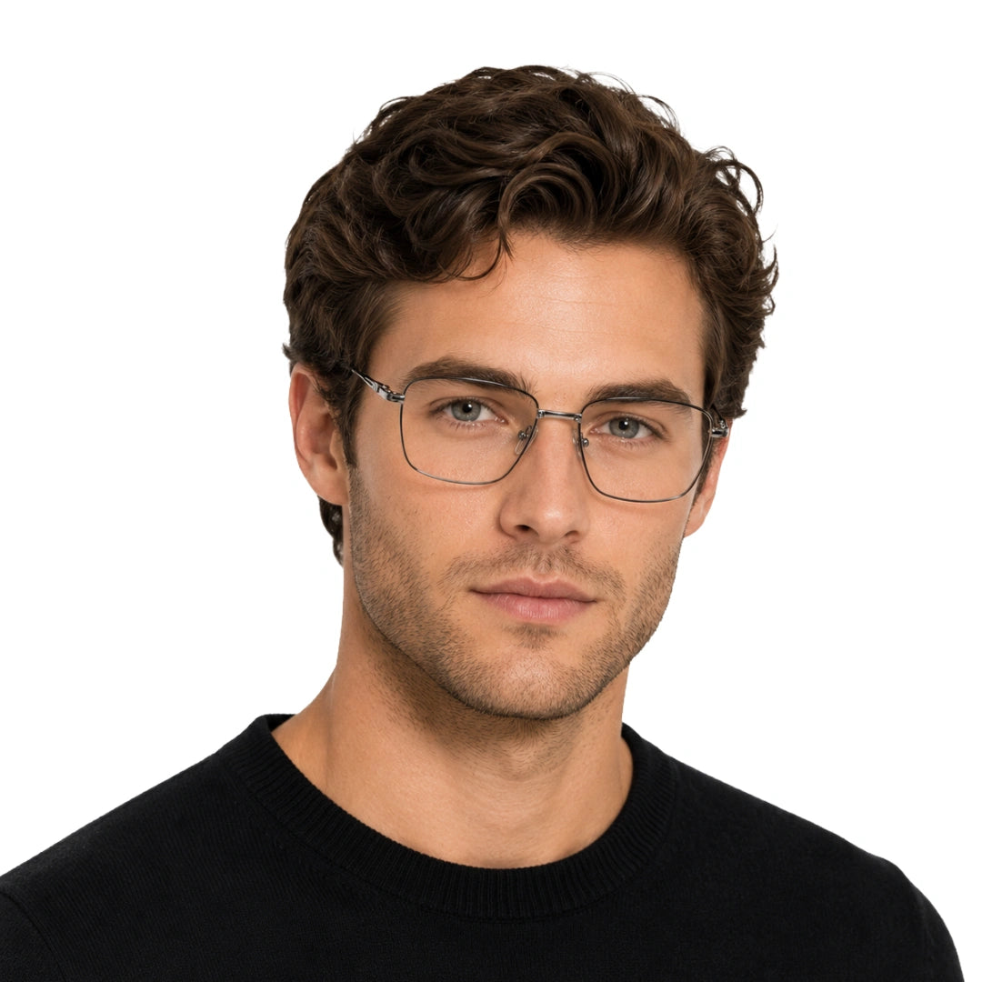 Man wearing OS Fashion Style 22014 rectangular double bridge metal prescription eyeglasses in black and silver