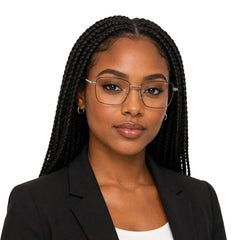 Woman wearing OS Fashion Style 22014 rectangular double bridge metal prescription eyeglasses in black and silver, front view