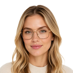 Woman wearing OS Fashion Style 22014 rectangular double bridge metal prescription eyeglasses in brown and gold