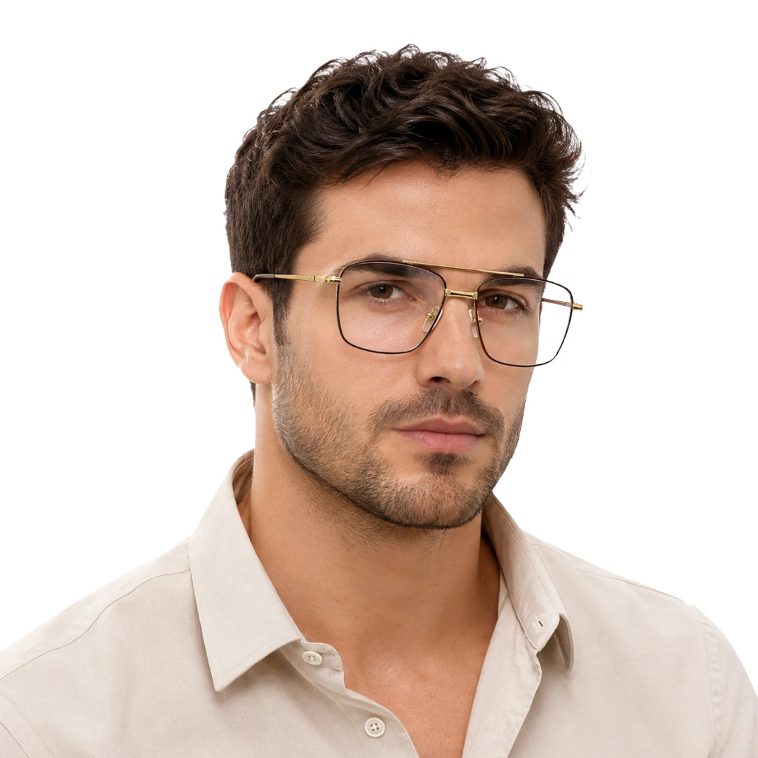 Man wearing OS Fashion Style 22014 rectangular double bridge metal prescription eyeglasses in brown and gold