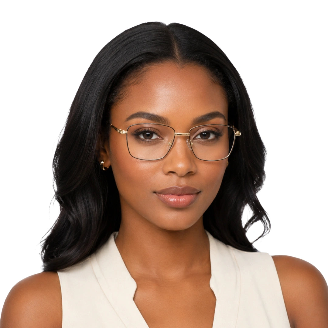 Woman wearing OS Fashion Style 22014 rectangular double bridge metal prescription eyeglasses in brown and gold, front view