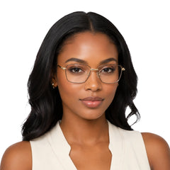 Woman wearing OS Fashion Style 22014 rectangular double bridge metal prescription eyeglasses in brown and gold, front view