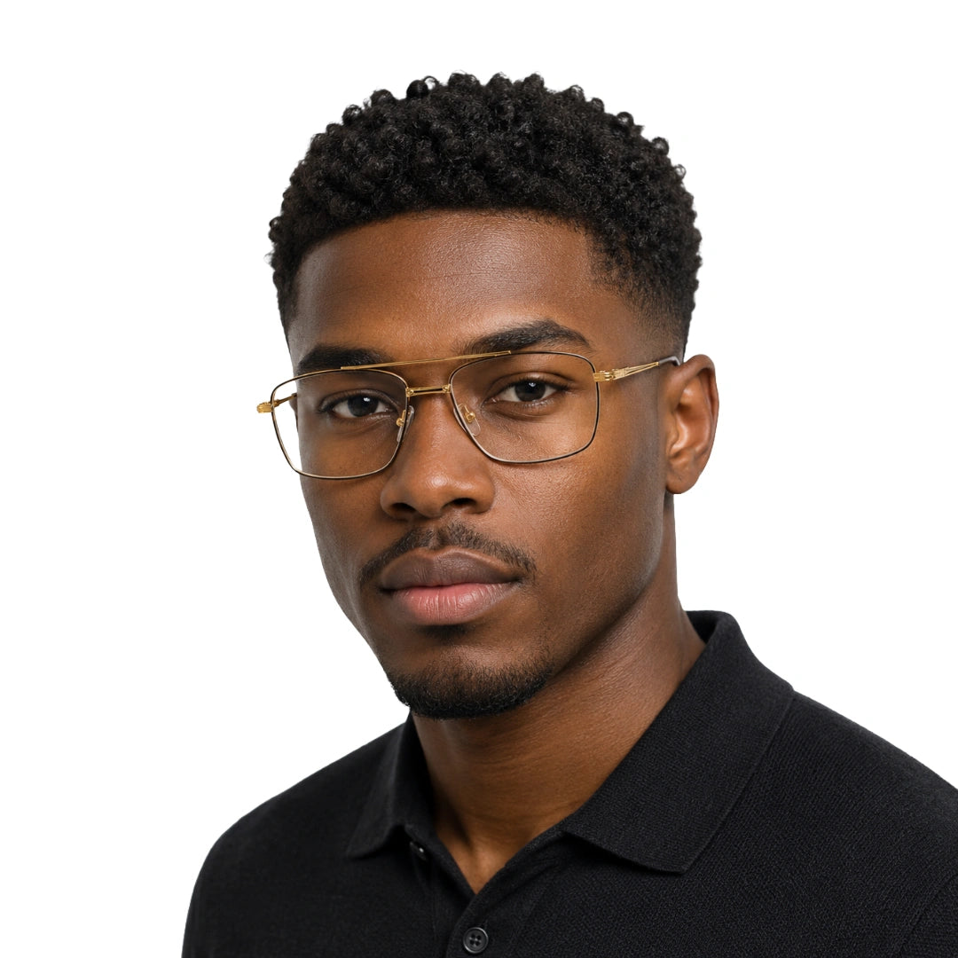 Man wearing OS Fashion Style 22014 rectangular double bridge metal prescription eyeglasses in brown and gold, front view