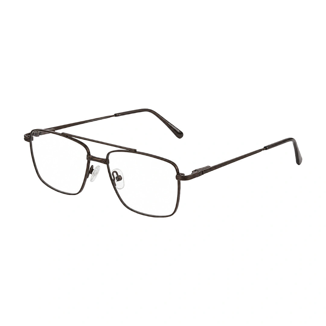 OS Fashion Style 22014 rectangular double bridge metal prescription eyeglasses in brown, three-quarter angled view