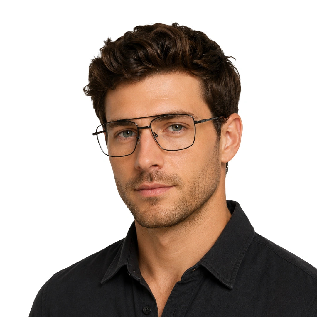 Man wearing OS Fashion Style 22014 rectangular double bridge metal prescription eyeglasses in brown