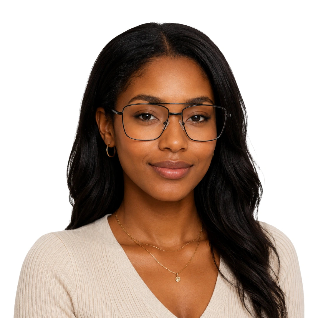 Woman wearing OS Fashion Style 22014 rectangular double bridge metal prescription eyeglasses in brown, front view