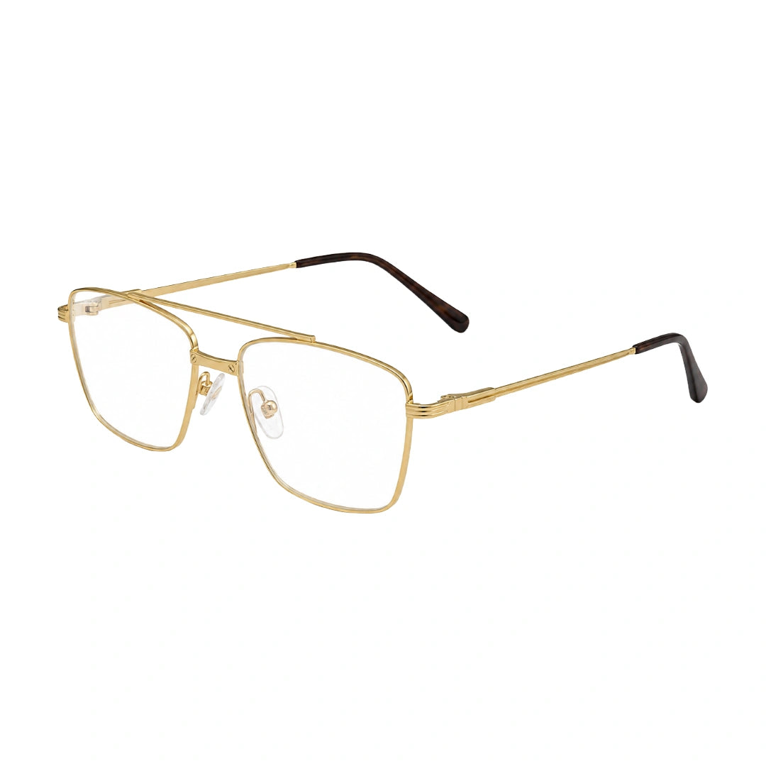 OS Fashion Style 22014 rectangular double bridge metal prescription eyeglasses in gold, three-quarter angled view