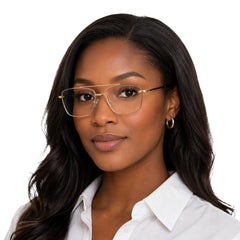 Woman wearing OS Fashion Style 22014 rectangular double bridge metal prescription eyeglasses in gold