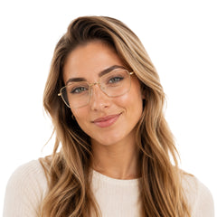 Woman wearing OS Fashion Style 22014 rectangular double bridge metal prescription eyeglasses in gold, front view