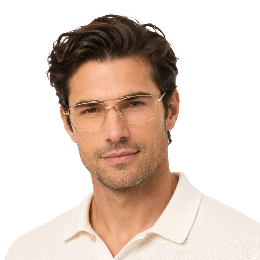 Man wearing OS Fashion Style 22014 rectangular double bridge metal prescription eyeglasses in gold, front view